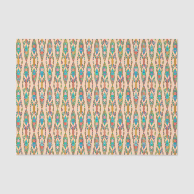 Papier Mousseline Batik Tribal - Peach rose et Turquoise (Recto)