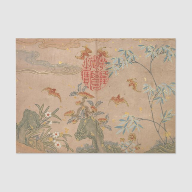 Papier Mousseline Bats Rocks Fleurs Ovale Calligraphie de Zhang Ruoa (Recto)