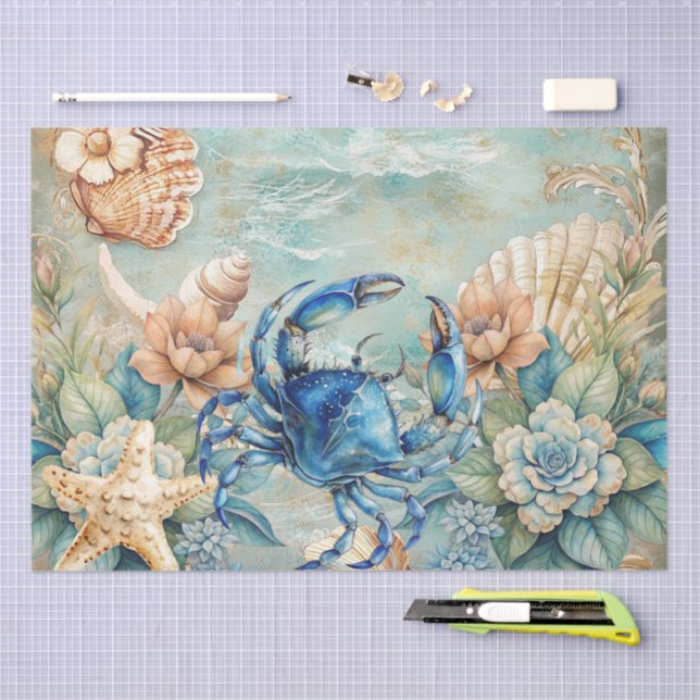 Papier Mousseline Beachy Pastel  Blue Crab & Shells Decoupage  (Artisanat)