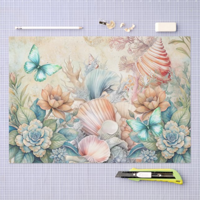 Papier Mousseline Beachy Pastel Butterflies &  Seashells Decoupage  (Artisanat)