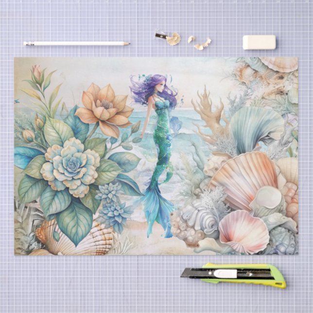 Papier Mousseline Beachy Pastel  Floral Mermaid & Shells Decoupage  (Artisanat)