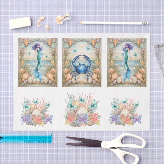 Papier Mousseline Beachy Pastel  Floral Mermaid & Shells Decoupage  (Artisanat)