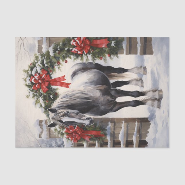 Papier Mousseline Beau Cheval gris avec Garland d'hiver Noël (Recto)