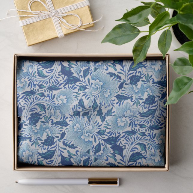 Papier Mousseline Beau Damassé Bleu (Cadeau)