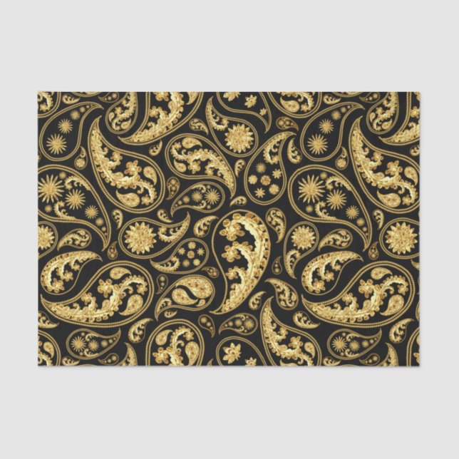 Papier Mousseline Beau Motif noir et or Paisley (Recto)
