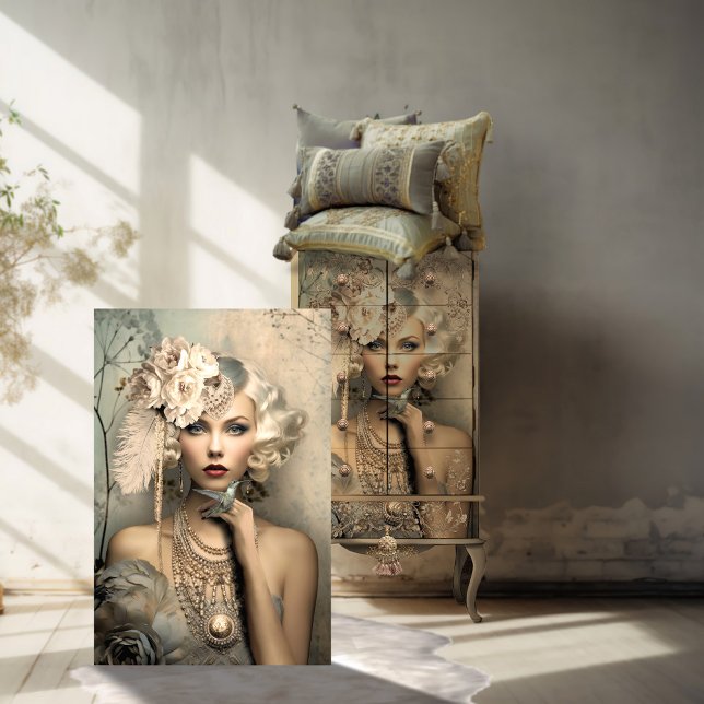 Papier Mousseline Beauté des bonbons des années 1920 et colibri, déc (1920's Inspired Flapper Girl & a hummingbird. Light Dusty, Silver, Blue Adorned Lady Decoupage Paper)