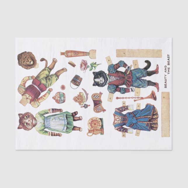 Papier Mousseline Beauté et bête, poupée en papier, Louis Wain (Recto)