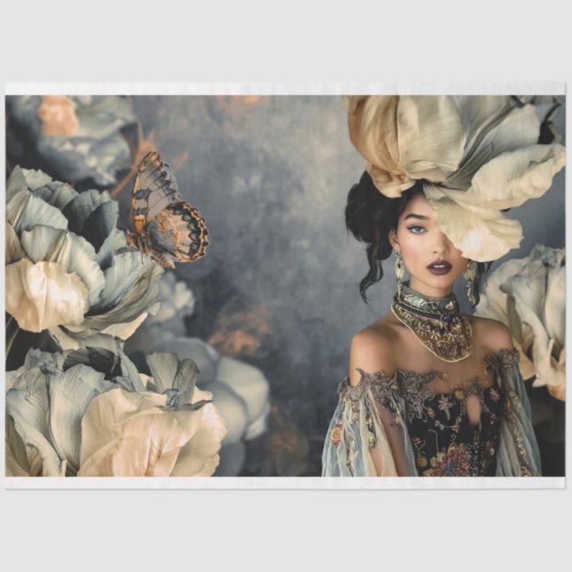 Papier Mousseline Beauté foncée & Moody Blue Floral, Portrait Art (Recto)