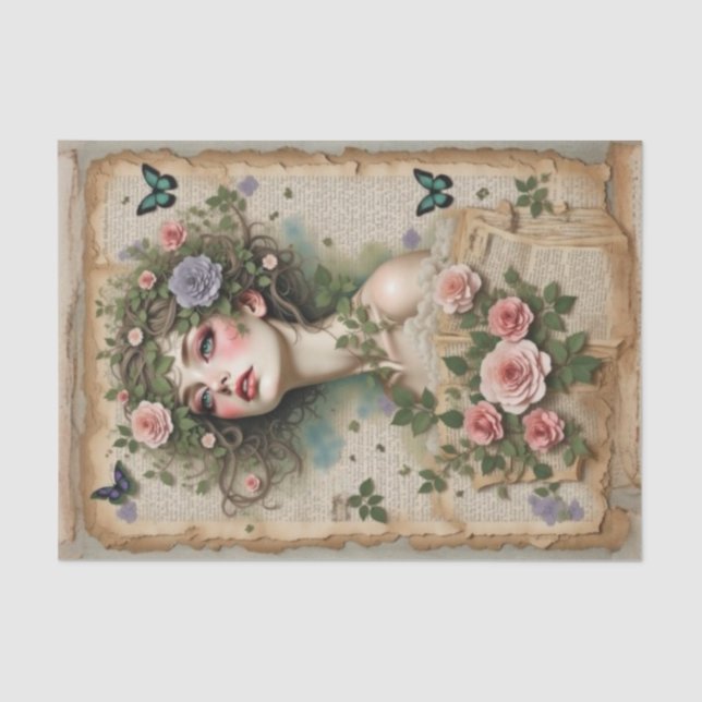 Papier Mousseline Beauté teintée de vert avec fleurs et papillons (Recto)