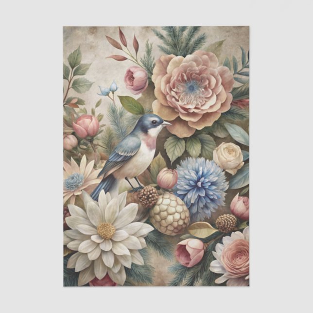 Papier Mousseline Beautiful Bird with an Assortment of Flowers (Recto)