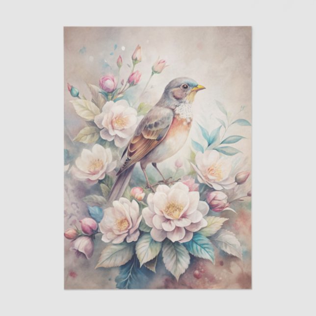 Papier Mousseline Beautiful Bird with Flowers in Pastel Shades (Recto)
