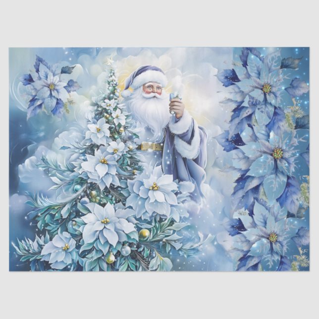 Papier Mousseline Beautiful Blue Santa & Poinsettias Decoupage (Recto)