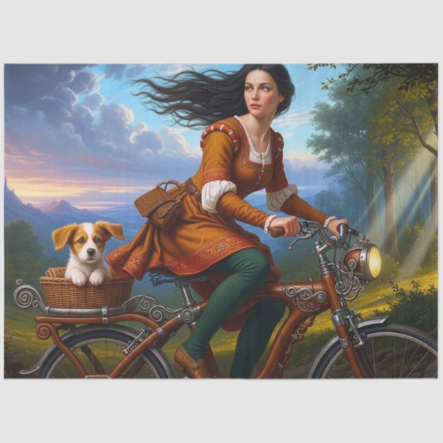 Papier Mousseline Beautiful Girl With Puppy On Bicycle Decoupage (Recto)