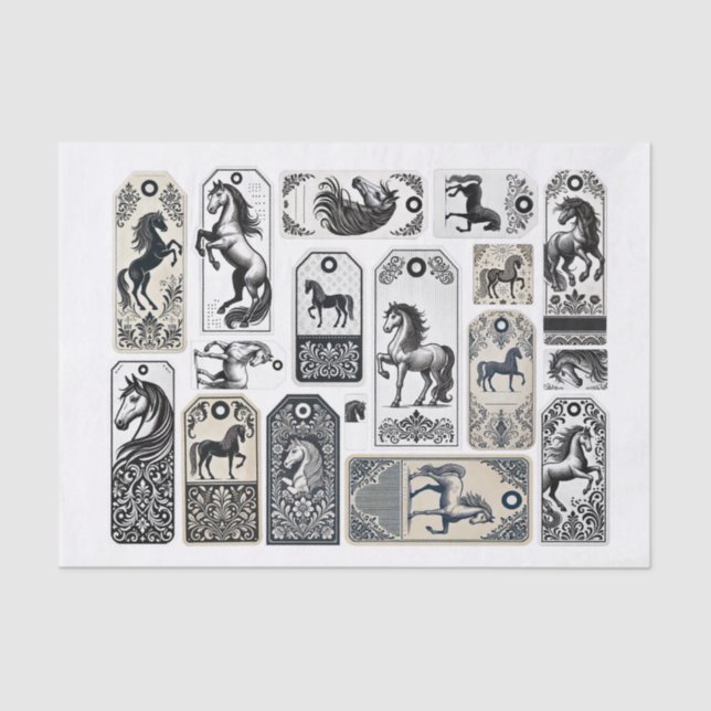 Papier Mousseline Beaux chevaux avec Damask Design Embellisment (Recto)