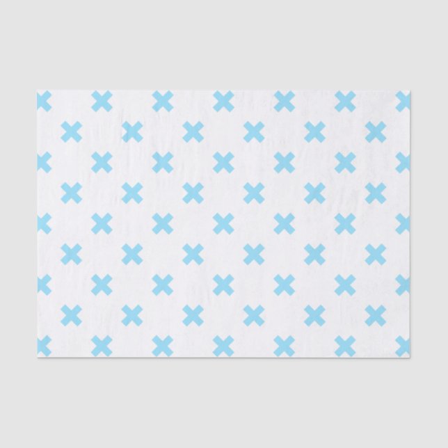 Papier Mousseline Bébé bleu croix coutures sur blanc (Recto)