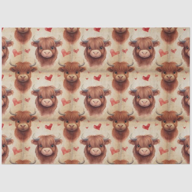Papier Mousseline Bébé mignon Highland Cow Valentine Coeurs Motif (Recto)