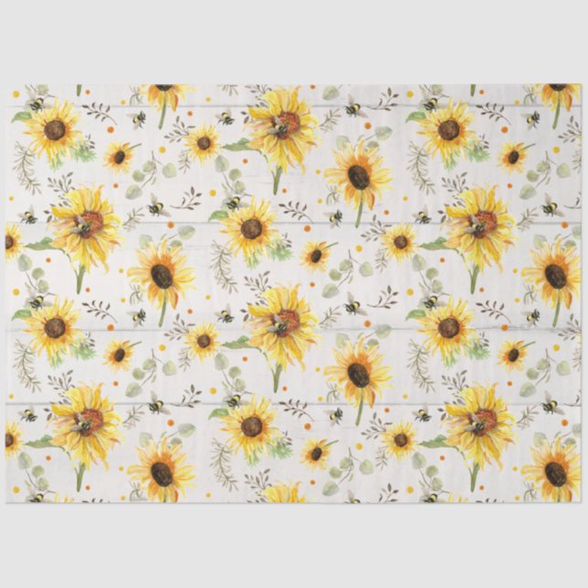 Papier Mousseline Bee w Tournesol Floral Aquarelle Bois Découpage (Recto)
