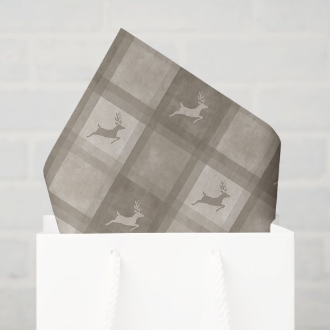 Papier Mousseline Beige Textured Plaid With Reindeer Christmas (Sac cadeau)