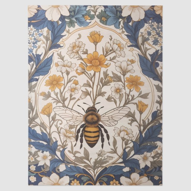 Papier Mousseline Belle abeille florale vintage jaune et bleue (Recto)