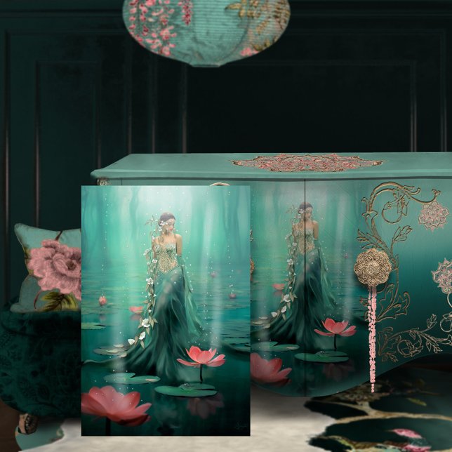 Papier Mousseline Belle Femme Lotus Eau Émeraude Vert (Arise Woman in the Lotus marsh Portrait art Furniture Decoupage Mock Up)