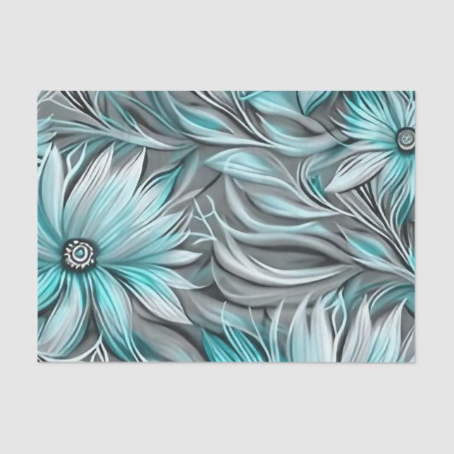 Papier Mousseline Belle impression Florale Turquoise Bleue (Recto)