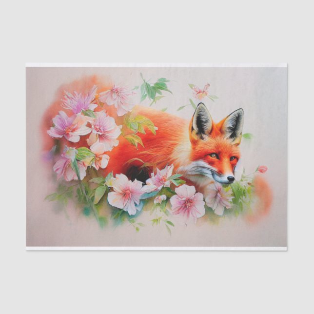 Papier Mousseline Belle Renard en Fleurs Aquarelle Découpage Tiss (Recto)