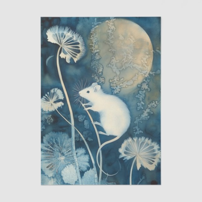 Papier Mousseline Belle souris blanche impression cyanotype (Recto)
