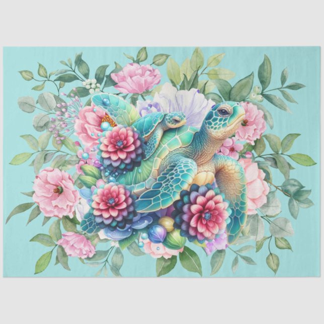 Papier Mousseline Belle tortue de mer et pivoines bleues Découpage (Recto)
