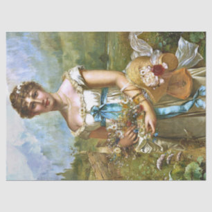 Papier Mousseline Belle vintage Lady Bleu Ruban Fleurs blanches