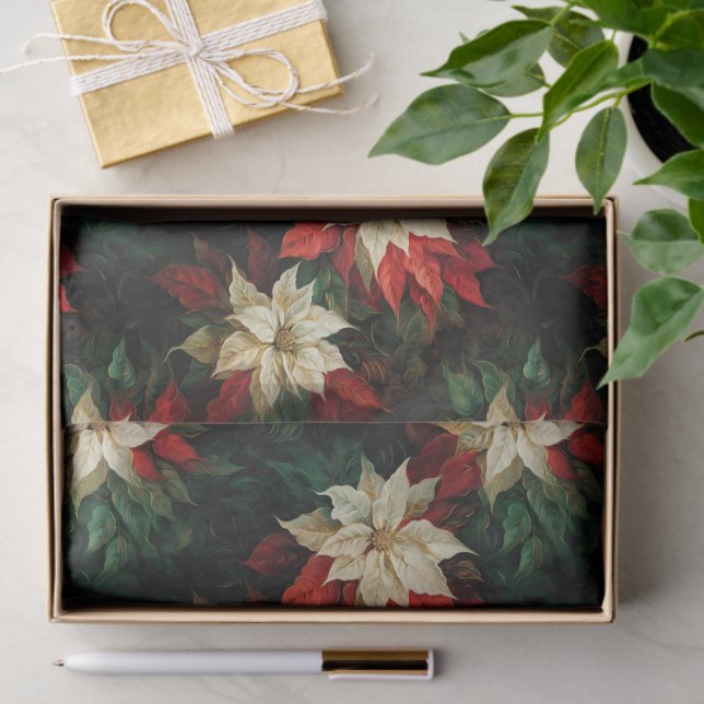 Papier Mousseline Belles Poinsettias rouges et blanches (Cadeau)