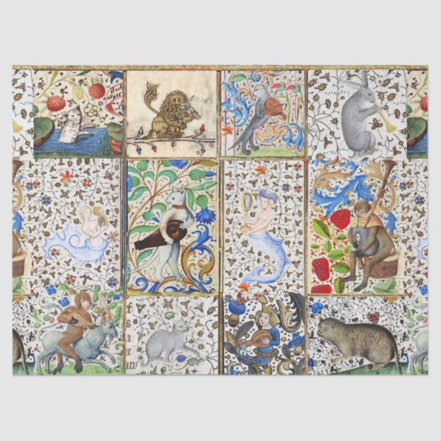 Papier Mousseline BESTIAIRE MÉDIÉVAL JOUER INSTRUMENTS MUSICAUX Bleu (Recto)