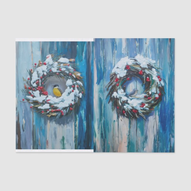 Papier Mousseline Bienvenue, couronne d'hiver et oiseaux (Recto)