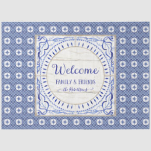 Papier Mousseline Bienvenue Farmhouse Tile Bleu Blanc Famille Découp
