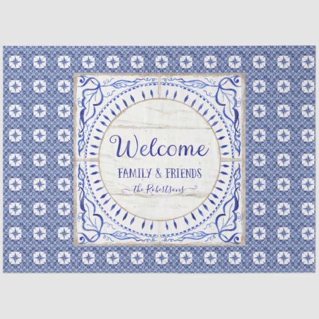 Papier Mousseline Bienvenue Farmhouse Tile Bleu Blanc Famille Découp (Recto)