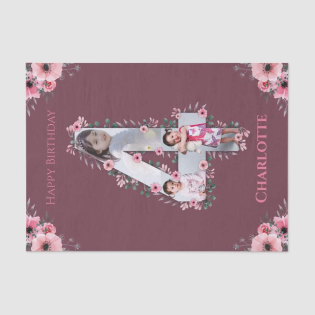 Papier Mousseline Big 4th Birthday Girl Photo Collage Fleur rose (Recto)