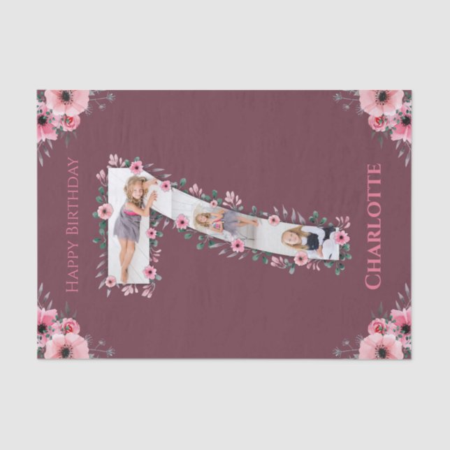 Papier Mousseline Big 7th Birthday Girl Photo Collage Fleur rose (Recto)