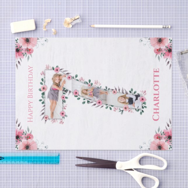 Papier Mousseline Big 7th Birthday Girl Photo Collage Fleur rose (Artisanat)