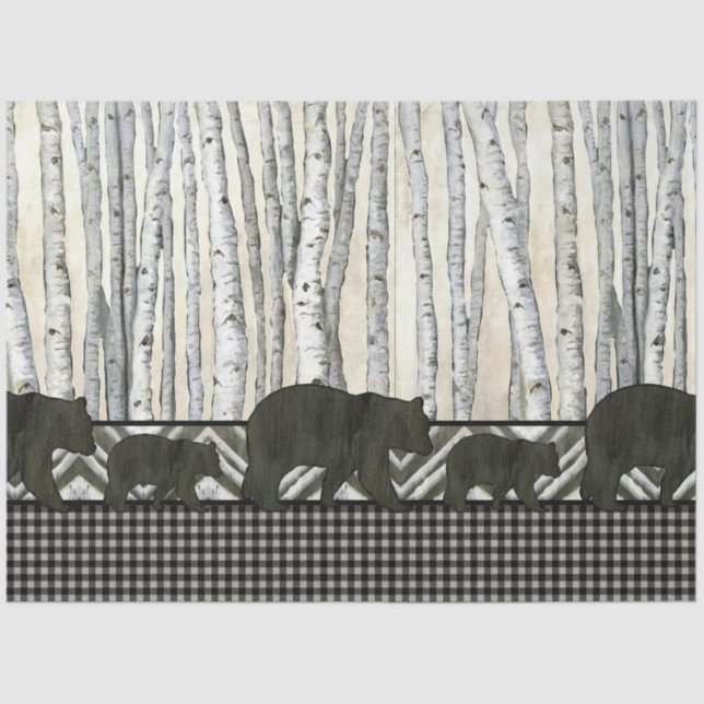 Papier Mousseline Birch Tree Black Bear Rustic Decoupage  (Recto)