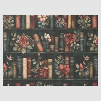 Papier Mousseline Black and Red Books with Flowers on Bookshelf