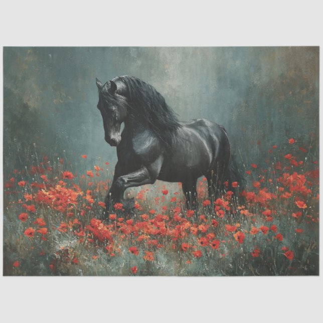 Papier Mousseline Black Friesian Stallion Red Poppies Découpage (Recto)