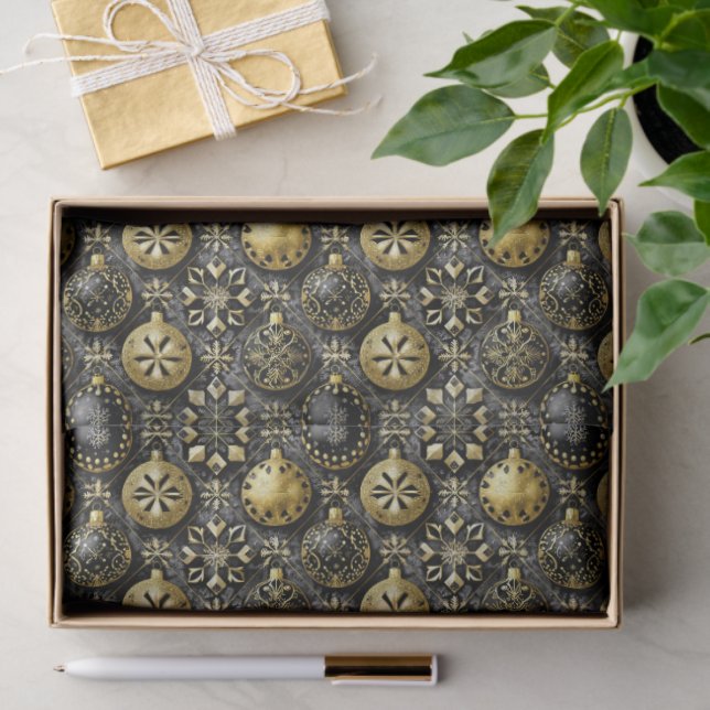 Papier Mousseline Black Gold Christmas Pattern#20 ID1009 (Cadeau)