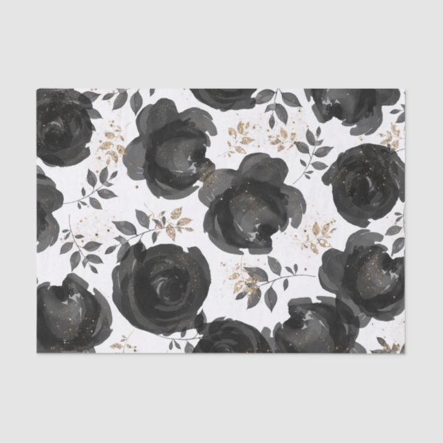 Papier Mousseline Black Gold Floral Glam Feuille Mariage (Recto)