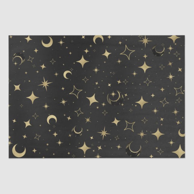 Papier Mousseline Black & Gold Moderne Lune Céleste Étoiles Mariage (Recto)