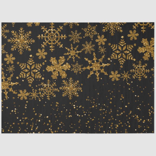 Papier Mousseline Black & Gold Snowflakes Étoiles Joyeux Noël (Recto)