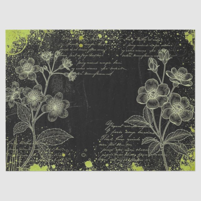 Papier Mousseline Black & Green Hand-Drawn Floral Script Decoupage  (Recto)