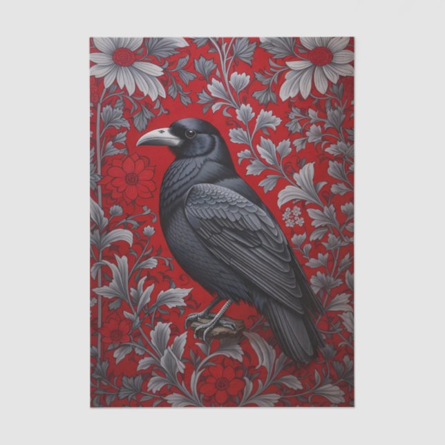Papier Mousseline Black Raven Red Floral William Morris Inspired (Recto)