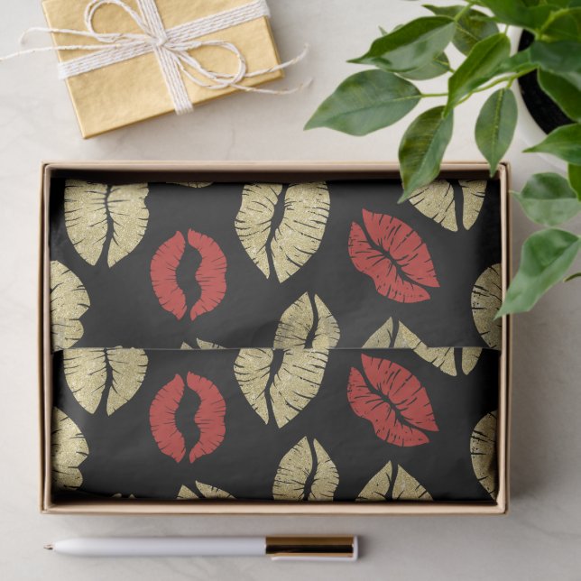 Papier Mousseline Black Red Gold Lips Birthday (Cadeau)