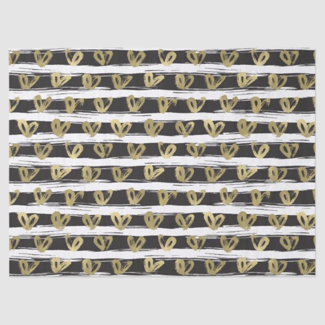 Papier Mousseline Black White Stripes Gold Hearts (Recto)