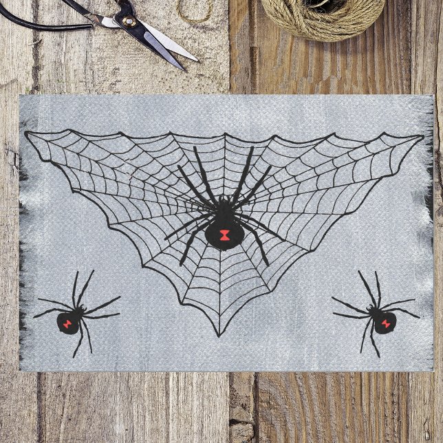 Papier Mousseline Black Widow Spider Web Halloween gothique (Spooky black web with black widow spiders on painted look white and black gift wrap tissue paper.)