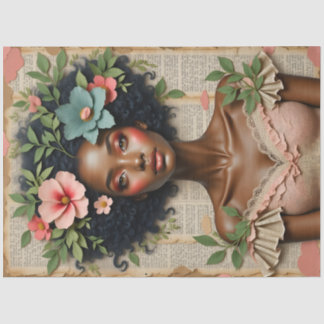 Papier Mousseline Black Woman Floral Portrait Decoupage Paper